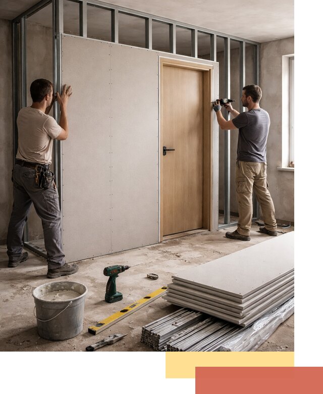 Перегородка из гипсокартона с дверью под ключ в Красноярске